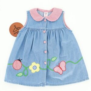 Copper Key Vintage Denim Dress Ladybug Butterfly Flower Gingham Collar Size 4T